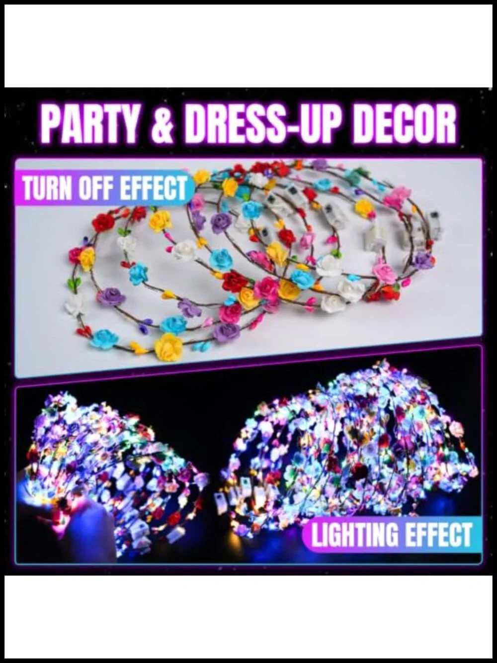 24 LED Flower Crown Headbands Glow in the Dark Party Supplies Bulk